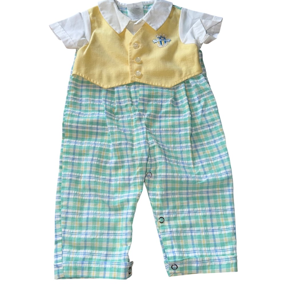 Vintage 90s Michael‎ James Baby Romper 6-9 Months Plaid Vest Outfit USA Church